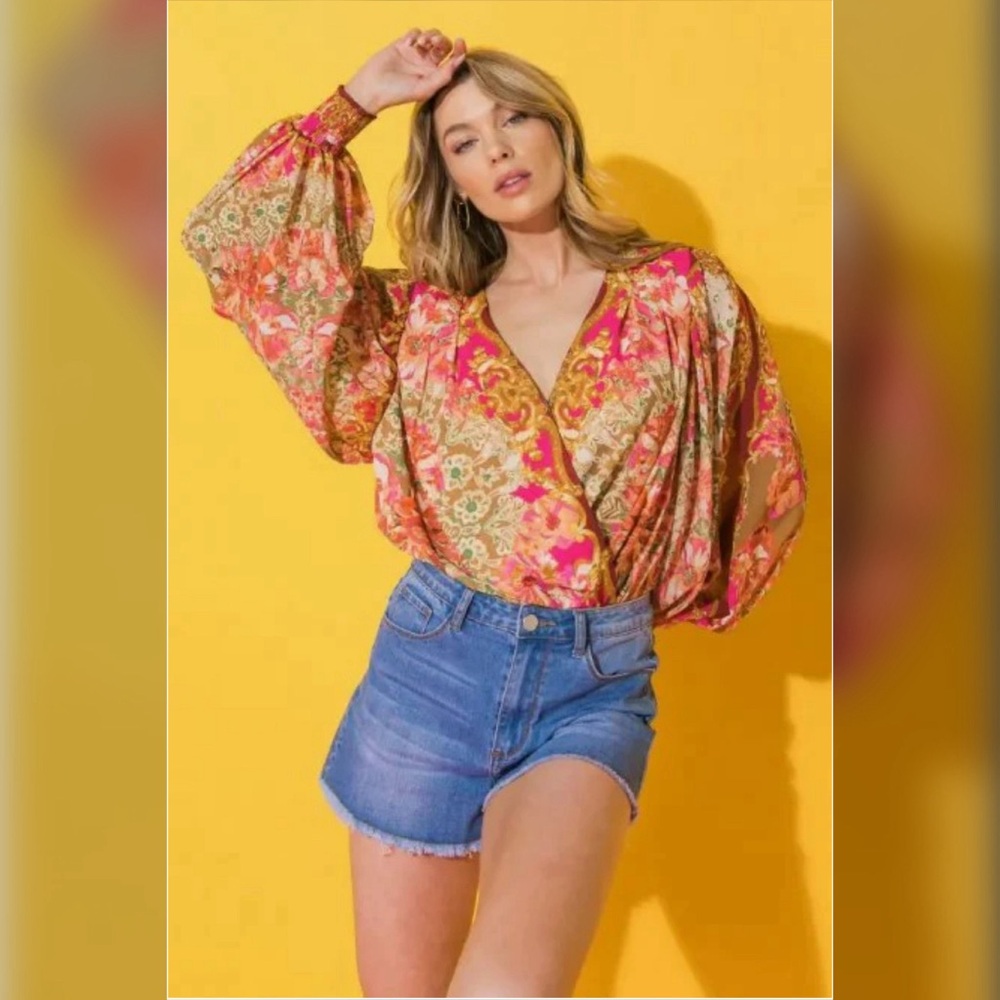 Bold Floral Print Bodysuit Top